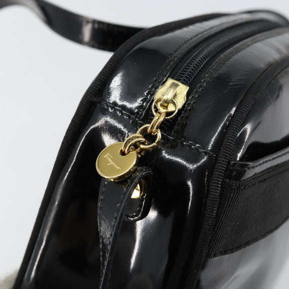 Salvatore Ferragamo Vala Shoulder Bag Enamel Black Gold Auth BA7055