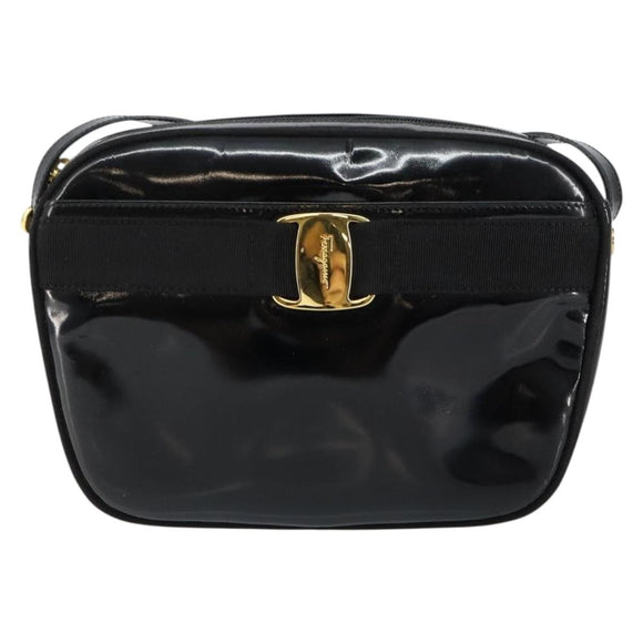 Salvatore Ferragamo Vala Shoulder Bag Enamel Black Gold Auth BA7055
