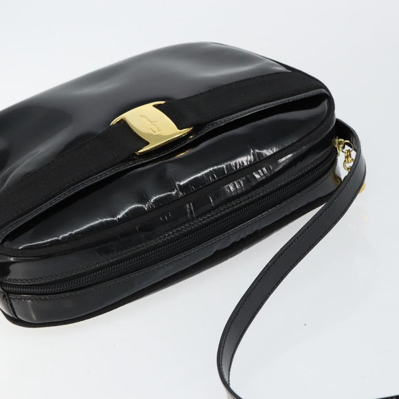 Salvatore Ferragamo Vala Shoulder Bag Enamel Black Gold Auth BA7055