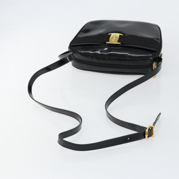 Salvatore Ferragamo Vala Shoulder Bag Enamel Black Gold Auth BA7055