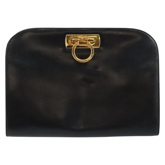 Salvatore Ferragamo Gancini Chain Shoulder Bag Leather Black Gold Auth BA7058