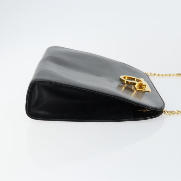 Salvatore Ferragamo Gancini Chain Shoulder Bag Leather Black Gold Auth BA7058