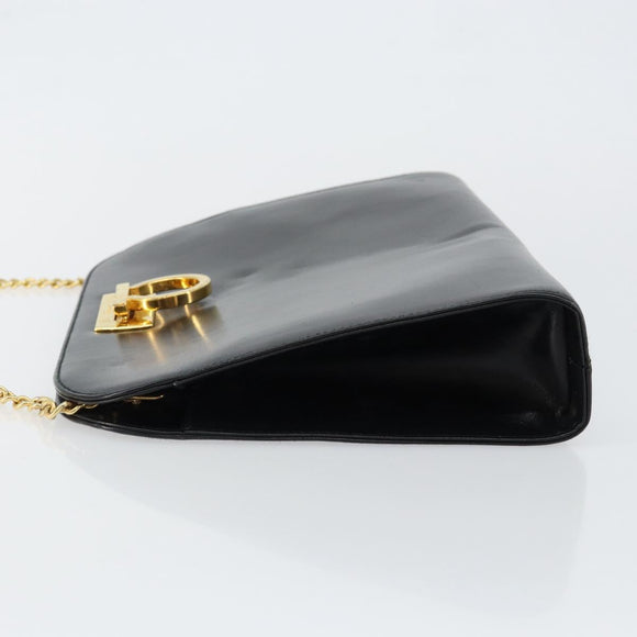 Salvatore Ferragamo Gancini Chain Shoulder Bag Leather Black Gold Auth BA7058