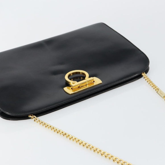 Salvatore Ferragamo Gancini Chain Shoulder Bag Leather Black Gold Auth BA7058