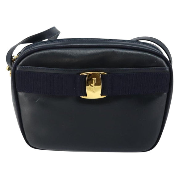 Salvatore Ferragamo Vala Shoulder Bag Leather Navy Gold Auth BA7059