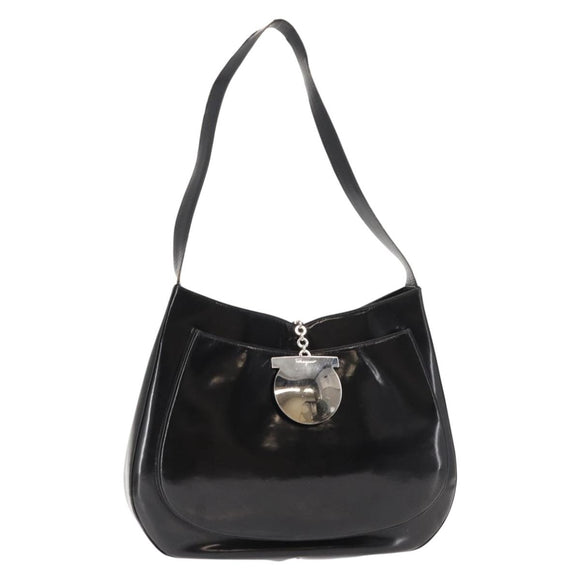 Salvatore Ferragamo Gancini Shoulder Bag Enamel Black Silver Auth BA7067