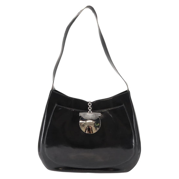Salvatore Ferragamo Gancini Shoulder Bag Enamel Black Silver Auth BA7067
