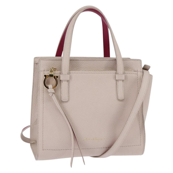 Salvatore Ferragamo Gancini Hand Bag Leather 2way Beige Gold Auth BA7068