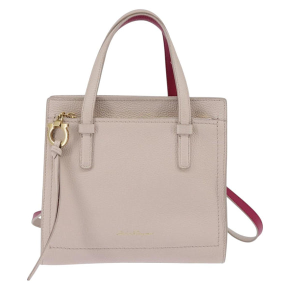 Salvatore Ferragamo Gancini Hand Bag Leather 2way Beige Gold Auth BA7068