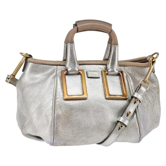 Chloe Etel Hand Bag Leather 2way Silver Gold Auth BA7071