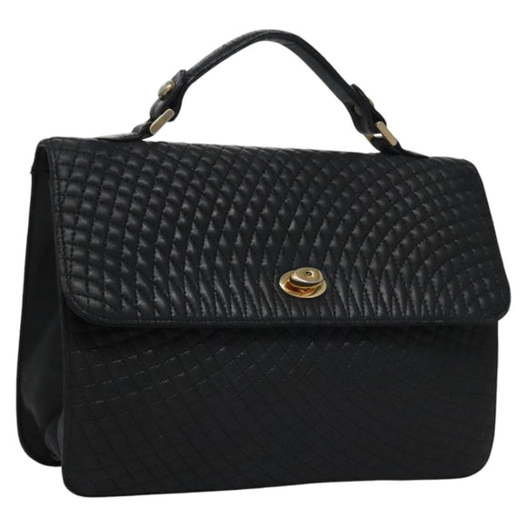 BALLY Quilted Hand Bag Leather Black Auth BA708