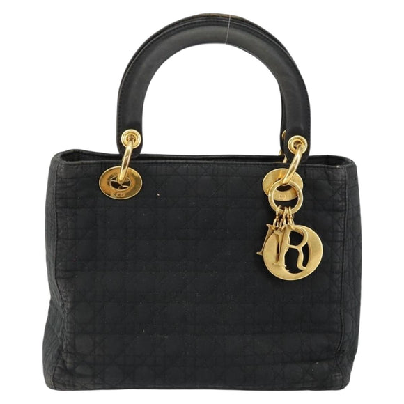 Christian Dior Lady Dior Canage Hand Bag Nylon Black Gold Auth BA7086