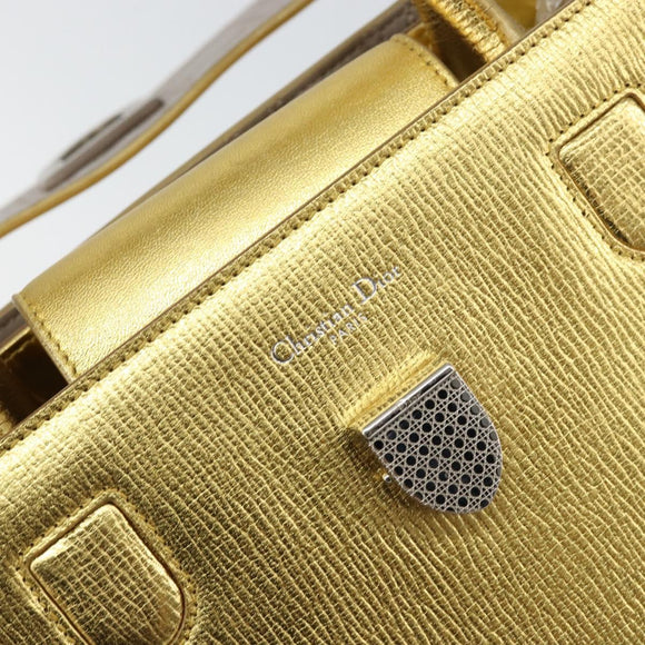 Christian Dior Handtasche Leder 2-Wege Gold Silber Auth BA7088