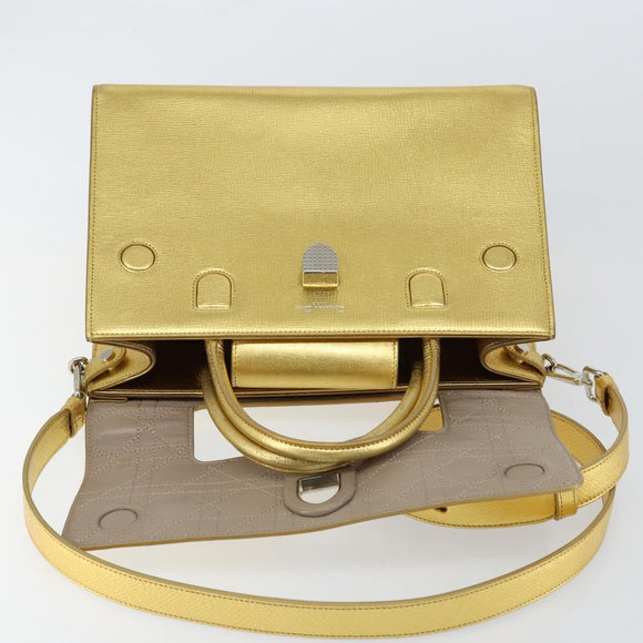 Christian Dior Handtasche Leder 2-Wege Gold Silber Auth BA7088
