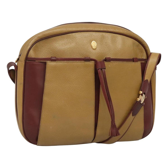CARTIER Must Line Shoulder Bag Leather Beige Wine Red Auth BA709