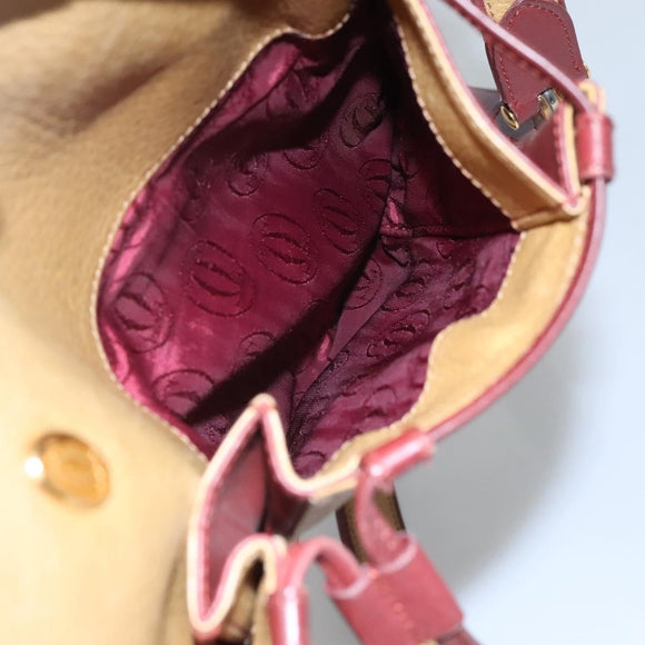 CARTIER Must Line Shoulder Bag Leather Beige Wine Red Auth BA709