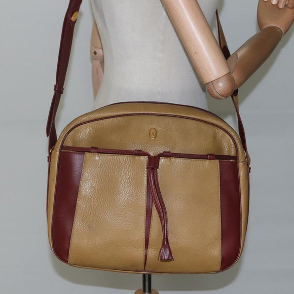 CARTIER Must Line Shoulder Bag Leather Beige Wine Red Auth BA709