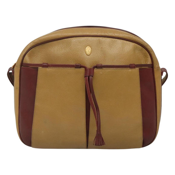 CARTIER Must Line Shoulder Bag Leather Beige Wine Red Auth BA709