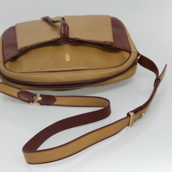 CARTIER Must Line Shoulder Bag Leather Beige Wine Red Auth BA709