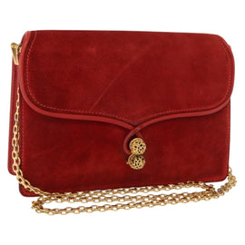 GUCCI Chain Shoulder Bag Leather Suede Red Gold Auth BA7109