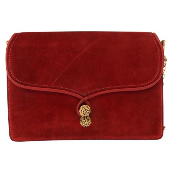 GUCCI Chain Shoulder Bag Leather Suede Red Gold Auth BA7109