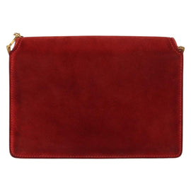 GUCCI Chain Shoulder Bag Leather Suede Red Gold Auth BA7109 - 0