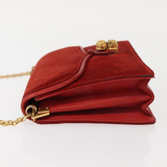 GUCCI Chain Shoulder Bag Leather Suede Red Gold Auth BA7109