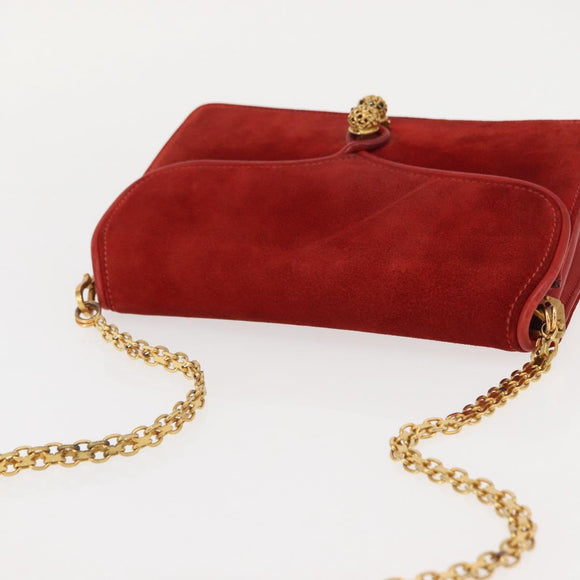 GUCCI Chain Shoulder Bag Leather Suede Red Gold Auth BA7109