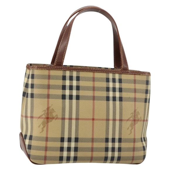 BURBERRY Nova Check Hand Bag PVC Beige Silver Auth BA7137