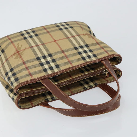 BURBERRY Nova Check Hand Bag PVC Beige Silver Auth BA7137