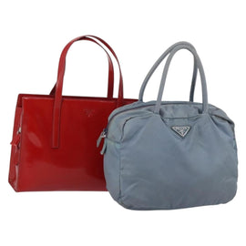 PRADA Tote Bag Leather Nylon 2 Set Red Blue Auth BA7150