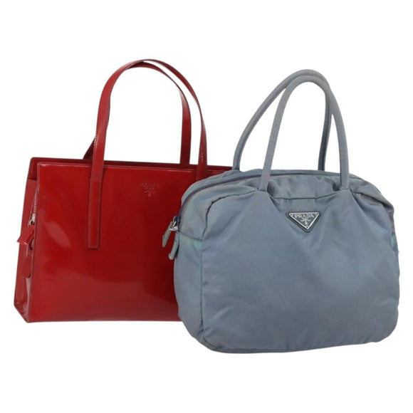 PRADA Tote Bag Leather Nylon 2 Set Red Blue Auth BA7150