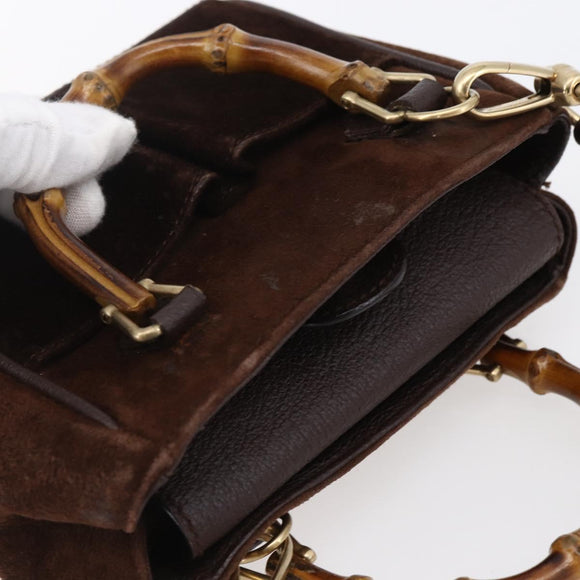 GUCCI Bamboo Hand Bag Suede 2way Brown Gold 007 1793 0238 Auth BA7262