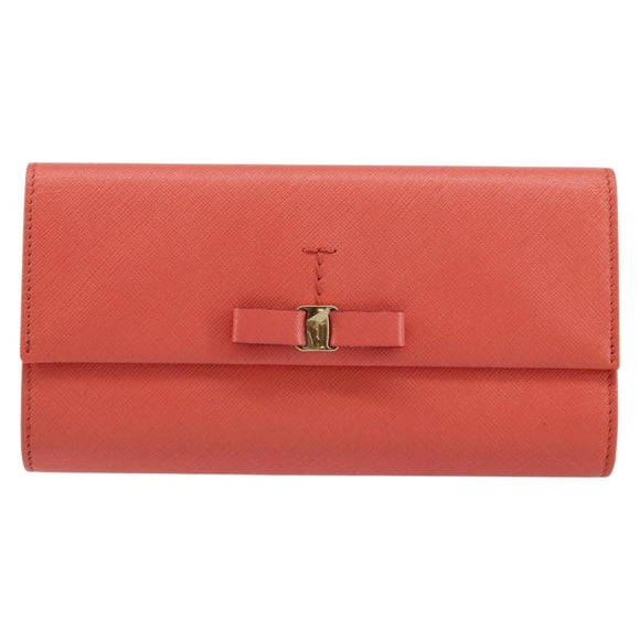 Salvatore Ferragamo Vala Long Wallet Leather Orange Gold Auth BA7289V