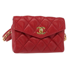 CHANEL Matelasse Waist Bag Lamb Skin Red Gold CC Auth BA7291