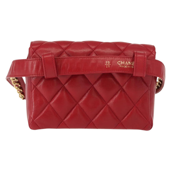 CHANEL Matelasse Waist Bag Lamb Skin Red Gold CC Auth BA7291