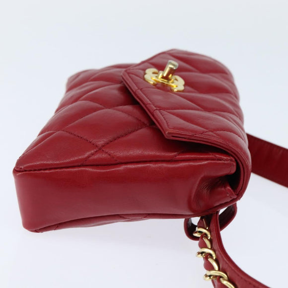 CHANEL Matelasse Waist Bag Lamb Skin Red Gold CC Auth BA7291