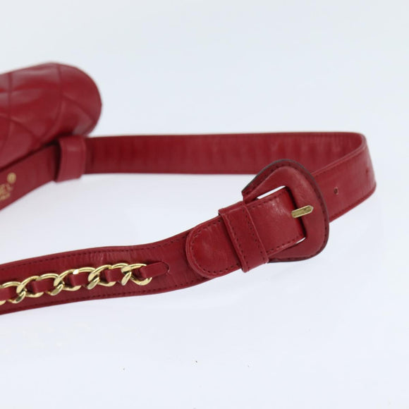 CHANEL Matelasse Waist Bag Lamb Skin Red Gold CC Auth BA7291