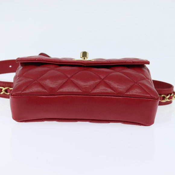 CHANEL Matelasse Waist Bag Lamb Skin Red Gold CC Auth BA7291