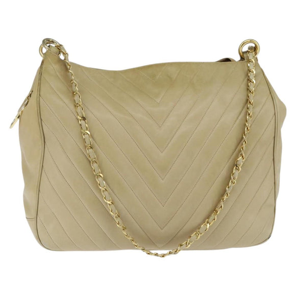 CHANEL Chain V Stitch Shoulder Bag Lamb Skin Beige Gold CC Auth BA7292