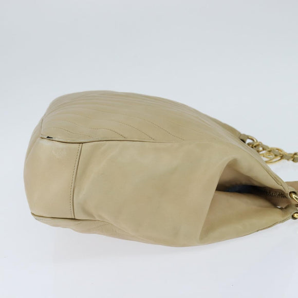 CHANEL Chain V Stitch Shoulder Bag Lamb Skin Beige Gold CC Auth BA7292
