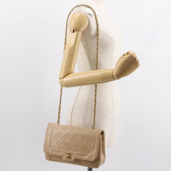 CHANEL Matelasse Chain Shoulder Bag Lamb Skin Beige Gold CC Auth BA7295