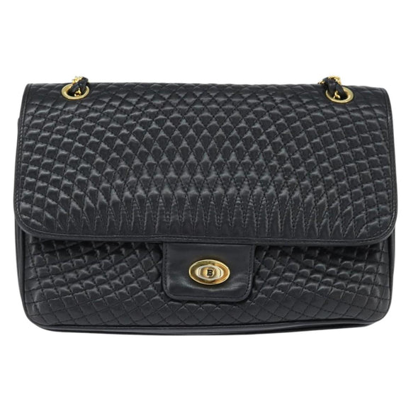 BALLY Chain Shoulder Bag Leather Black Gold Auth BA7303