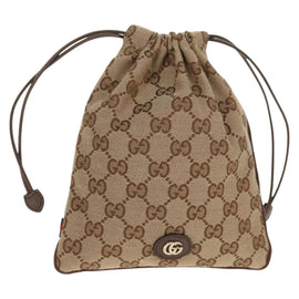 GUCCI GG Canvas Web Sherry Line Drawstring Pouch Beige Gold Auth BA7306M