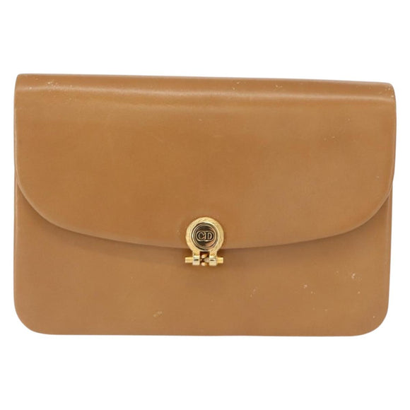 Christian Dior Chain Shoulder Bag Leather Beige Gold Auth BA7308