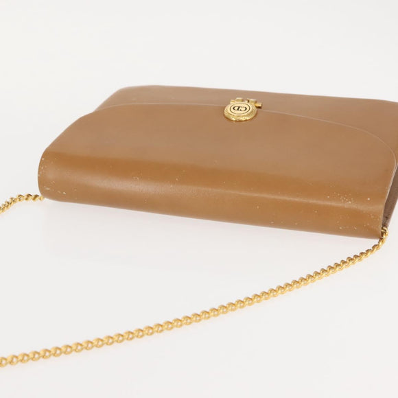 Christian Dior Chain Shoulder Bag Leather Beige Gold Auth BA7308