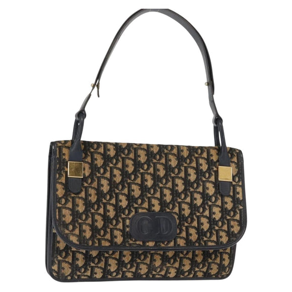 Christian Dior Trotter Canvas Shoulder Bag Navy Gold Auth BA7312
