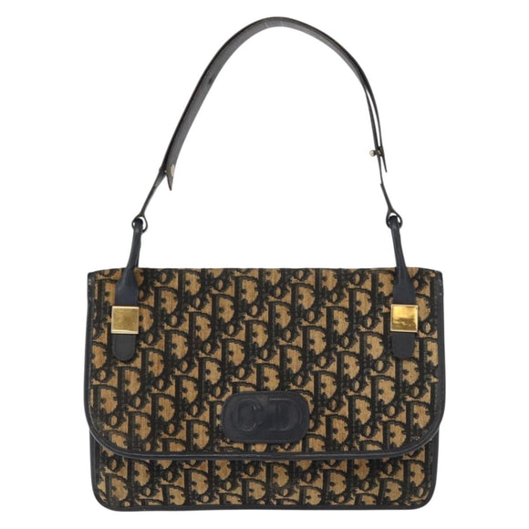 Christian Dior Trotter Canvas Shoulder Bag Navy Gold Auth BA7312
