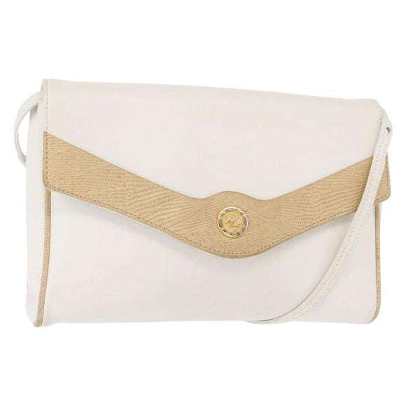 CELINE Shoulder Bag Leather White Gold Auth BA7313