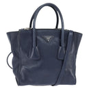 PRADA Hand Bag Leather 2way Navy Gold Auth BA7315-1
